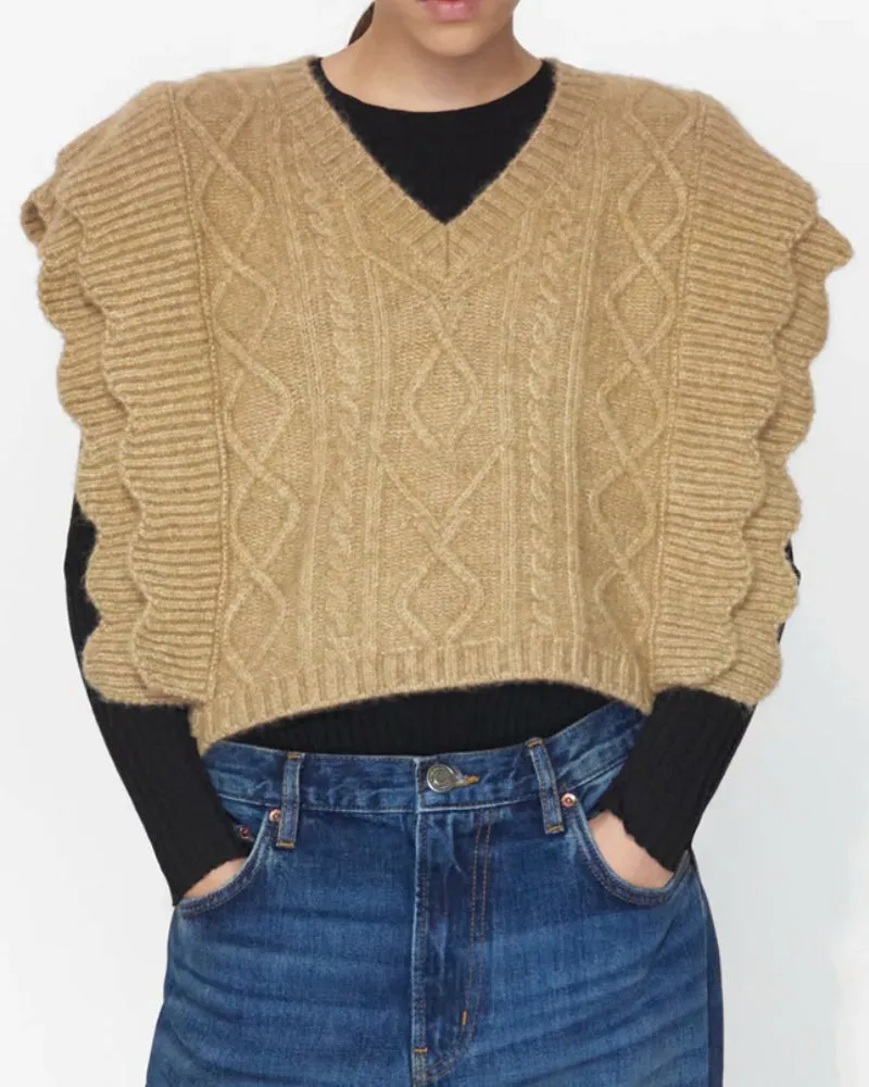 Ruffles Stripe Oversize V-neck Knit Sweater Vest