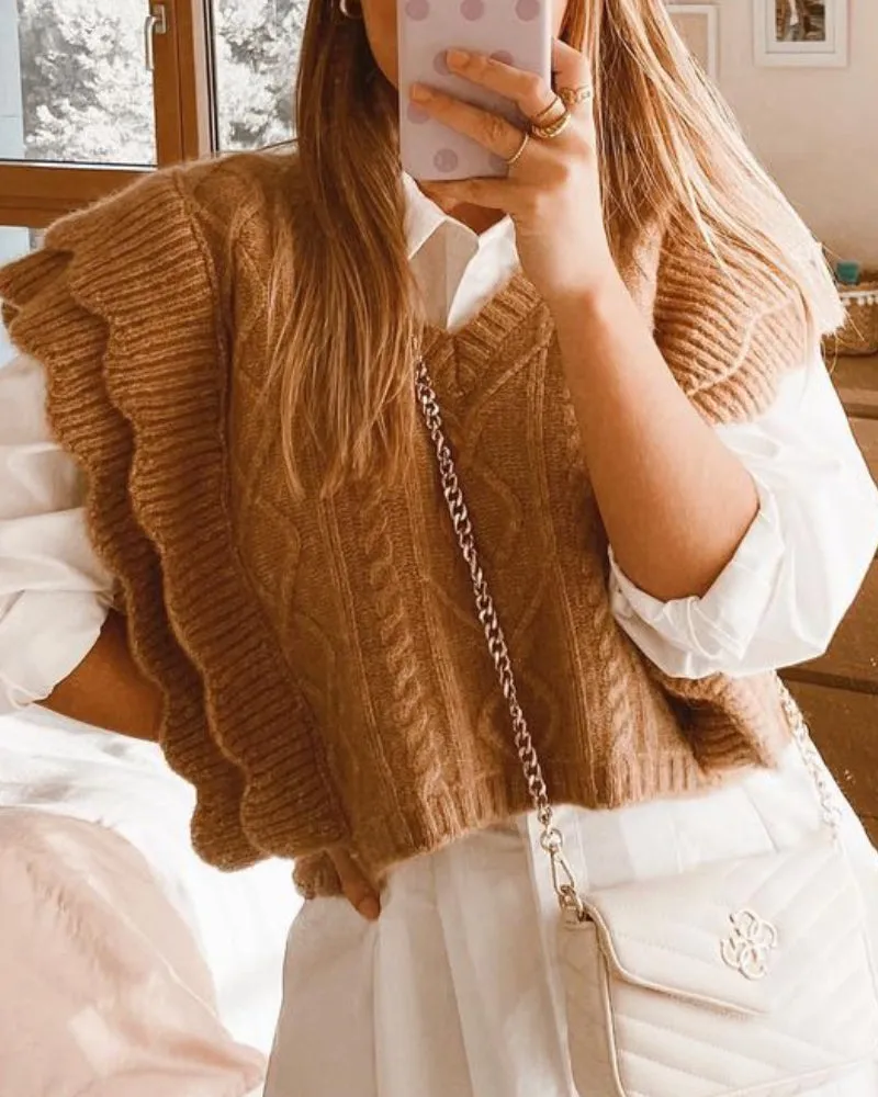 Ruffles Stripe Oversize V-neck Knit Sweater Vest