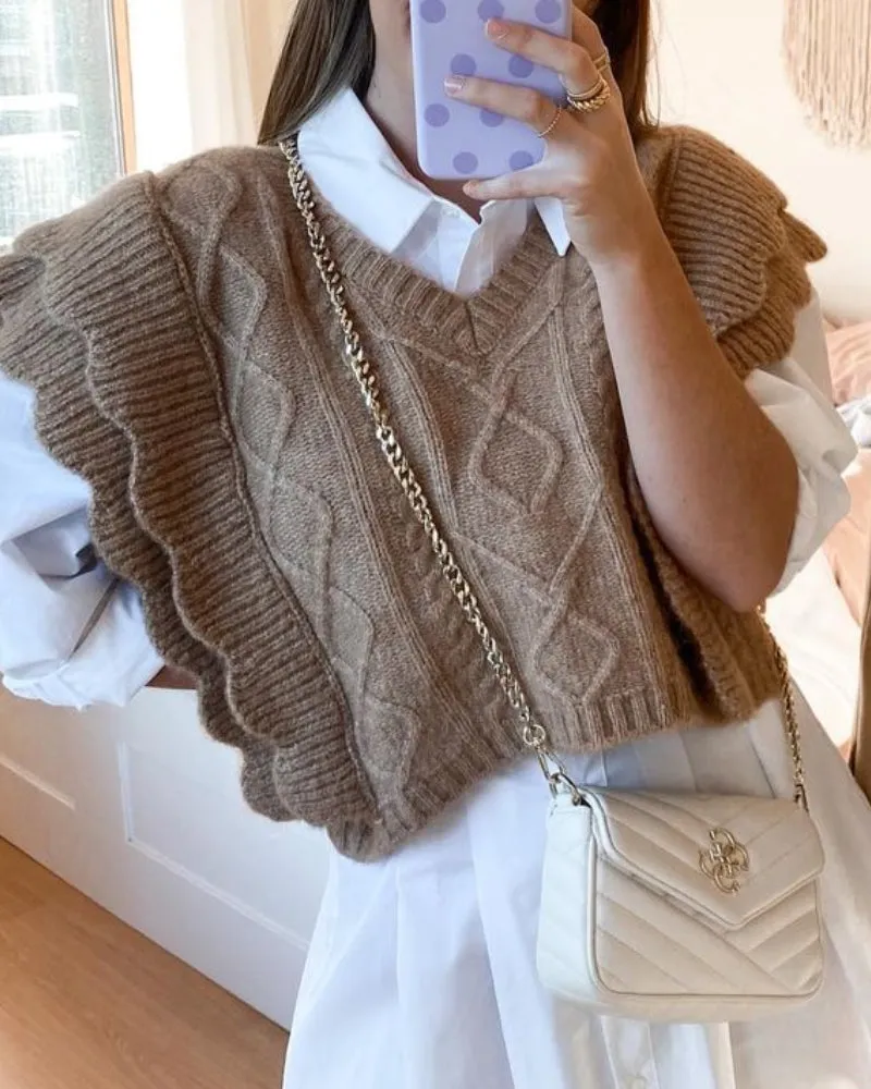 Ruffles Stripe Oversize V-neck Knit Sweater Vest