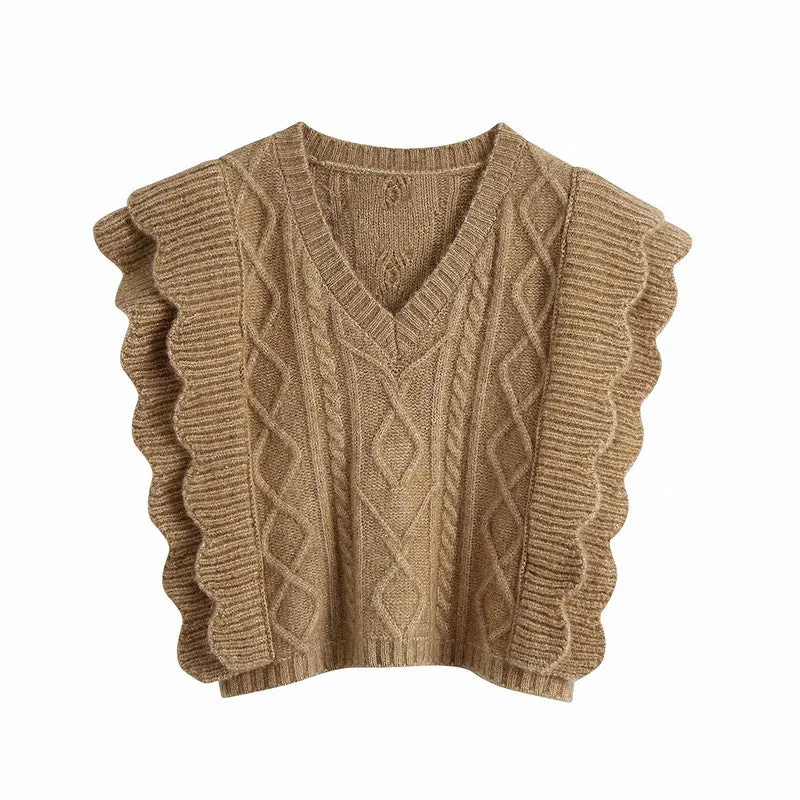 Ruffles Stripe Oversize V-neck Knit Sweater Vest
