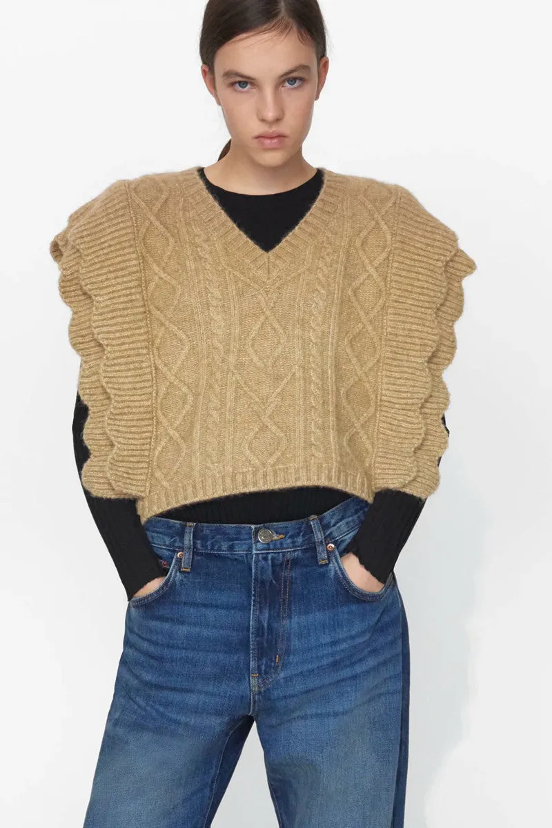 Ruffles Stripe Oversize V-neck Knit Sweater Vest