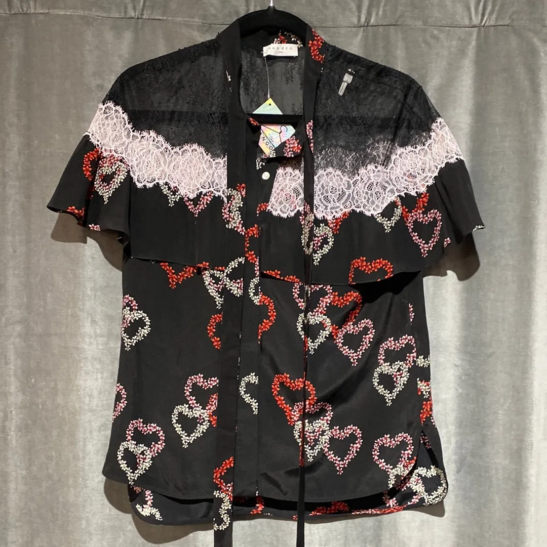 Sandro Black Short Sleeve Blouse with Hearts and Lace