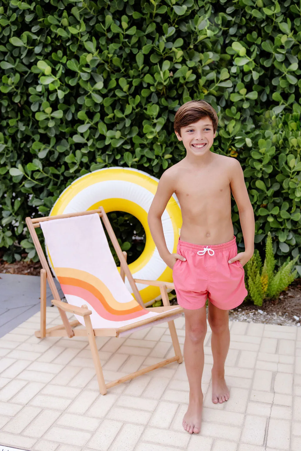 Sarasota Swim Trunks - Parrot Cay Coral with Colorblock Stripes