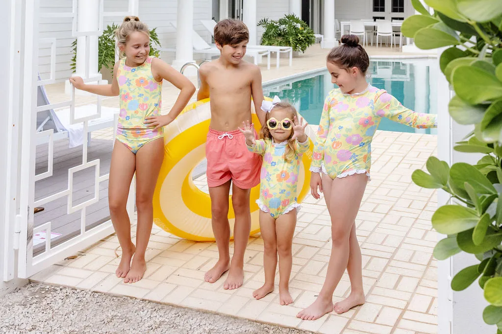 Sarasota Swim Trunks - Parrot Cay Coral with Colorblock Stripes