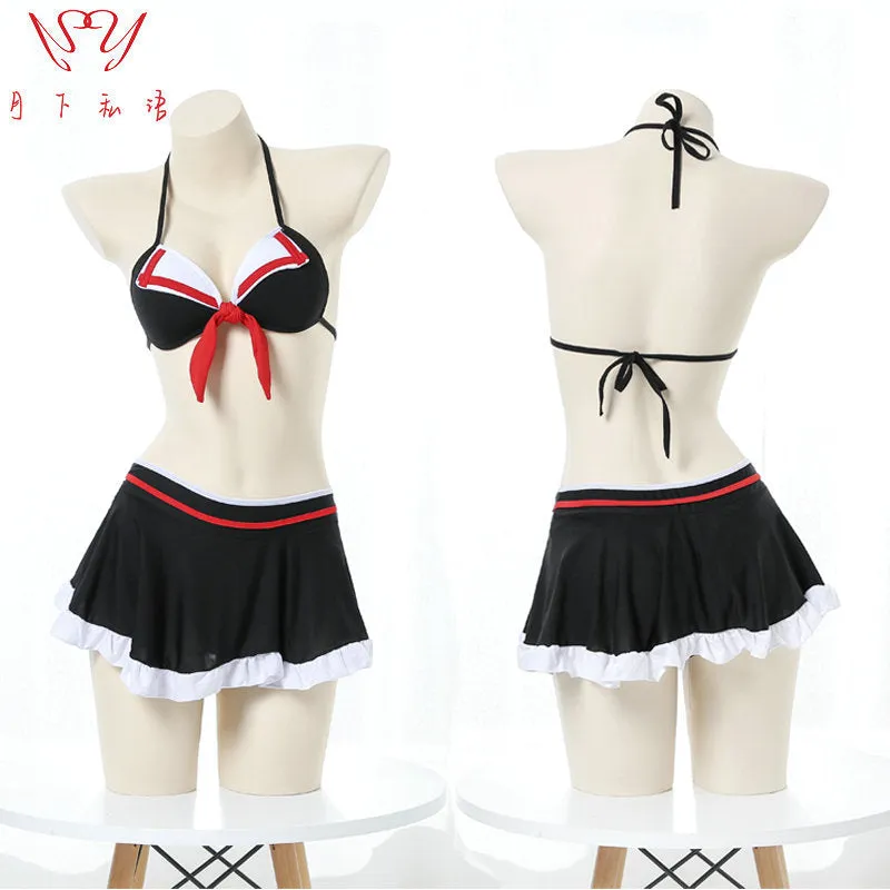 School Girl Black Red Bow Bikini Swimsuit