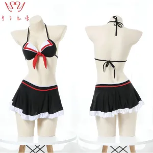 School Girl Black Red Bow Bikini Swimsuit
