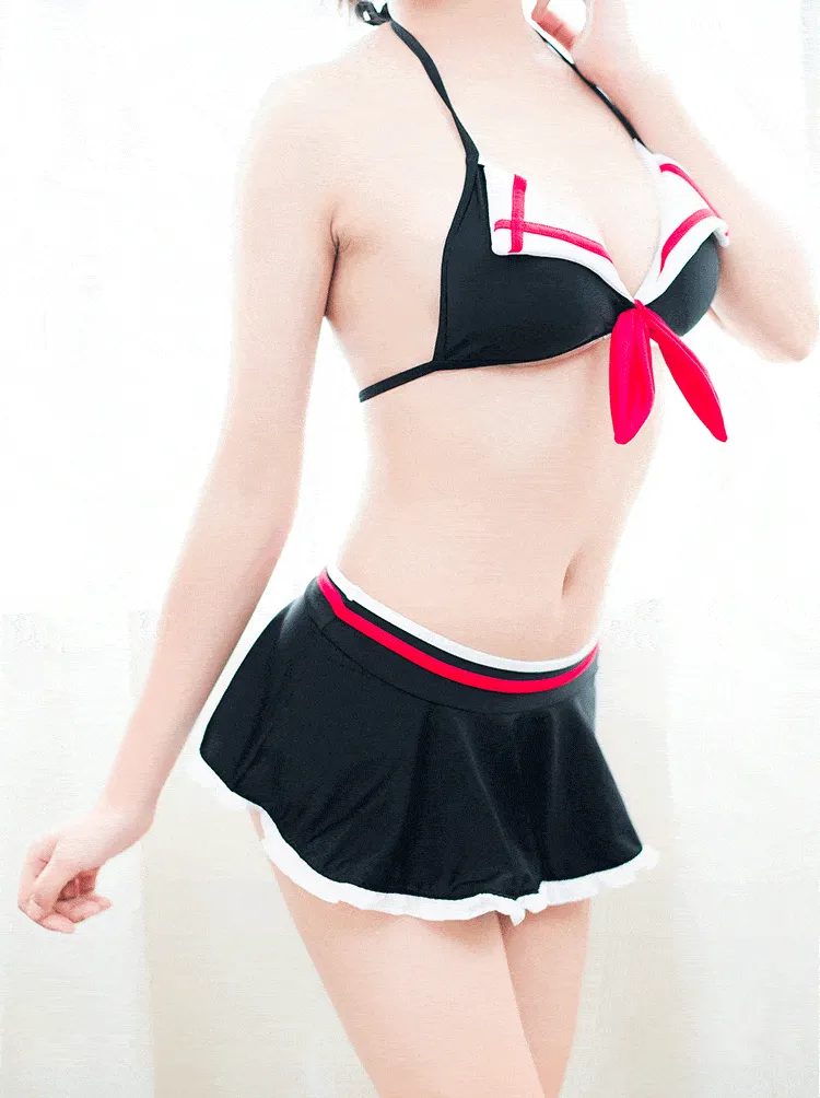 School Girl Black Red Bow Bikini Swimsuit