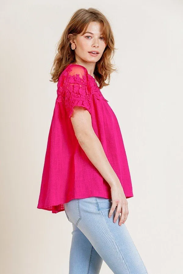 Sheer Floral Short Sleeve Lace Yoke Keyhole Top