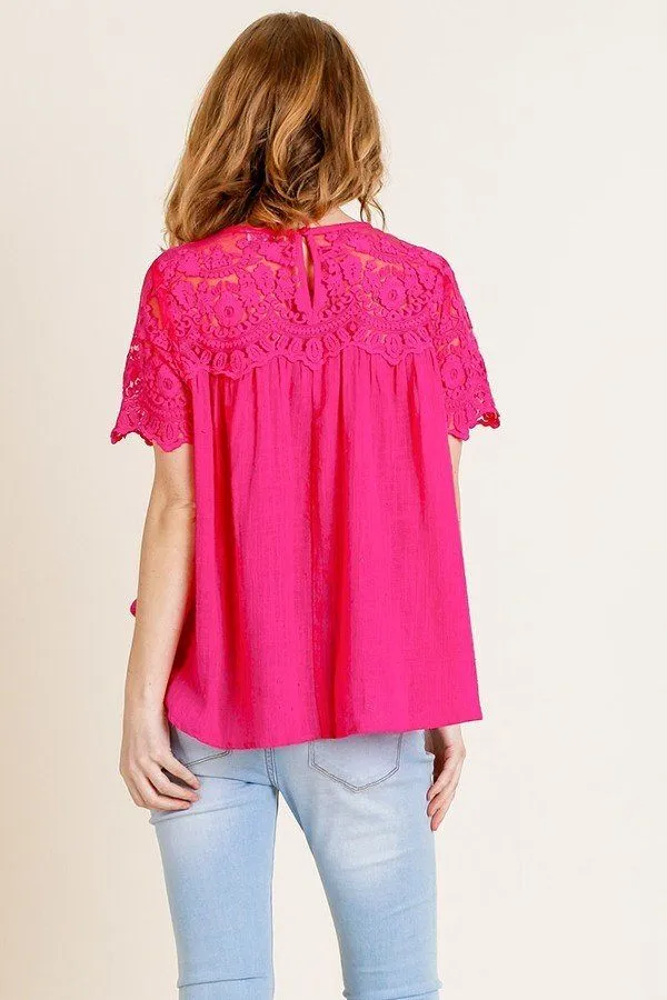 Sheer Floral Short Sleeve Lace Yoke Keyhole Top