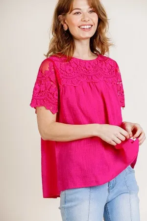 Sheer Floral Short Sleeve Lace Yoke Keyhole Top