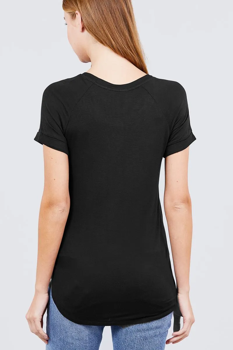 Short Raglan Sleeve Round Neck W/pocket Rayon Spandex Top