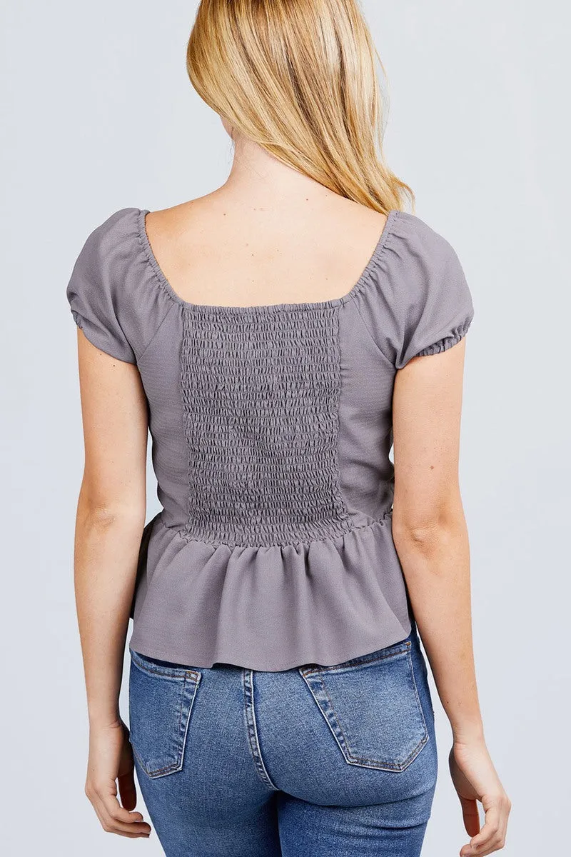 Short Sleeve Heart Neck W/button Back Smocking Detail Flare Hem Woven Top