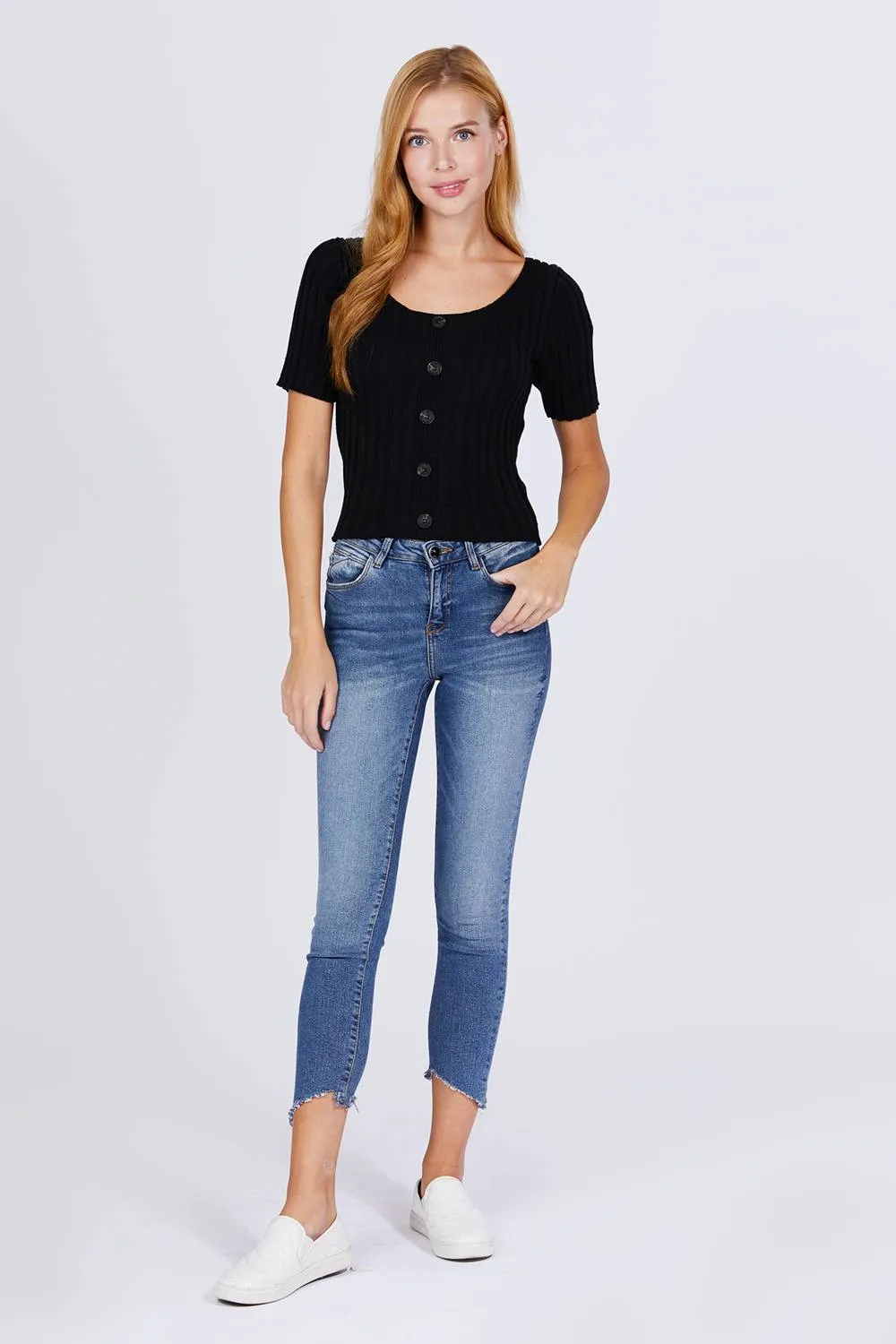 Short Slv Rib Sweater Top