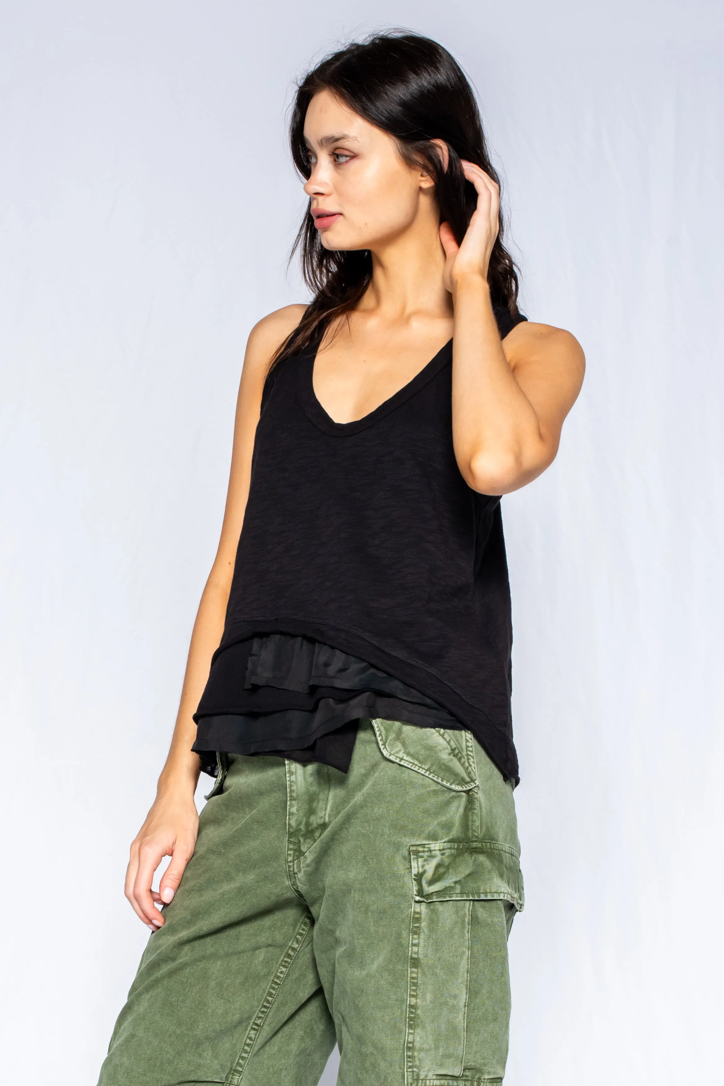 Shrunken Tank Mixed Fabric Hem