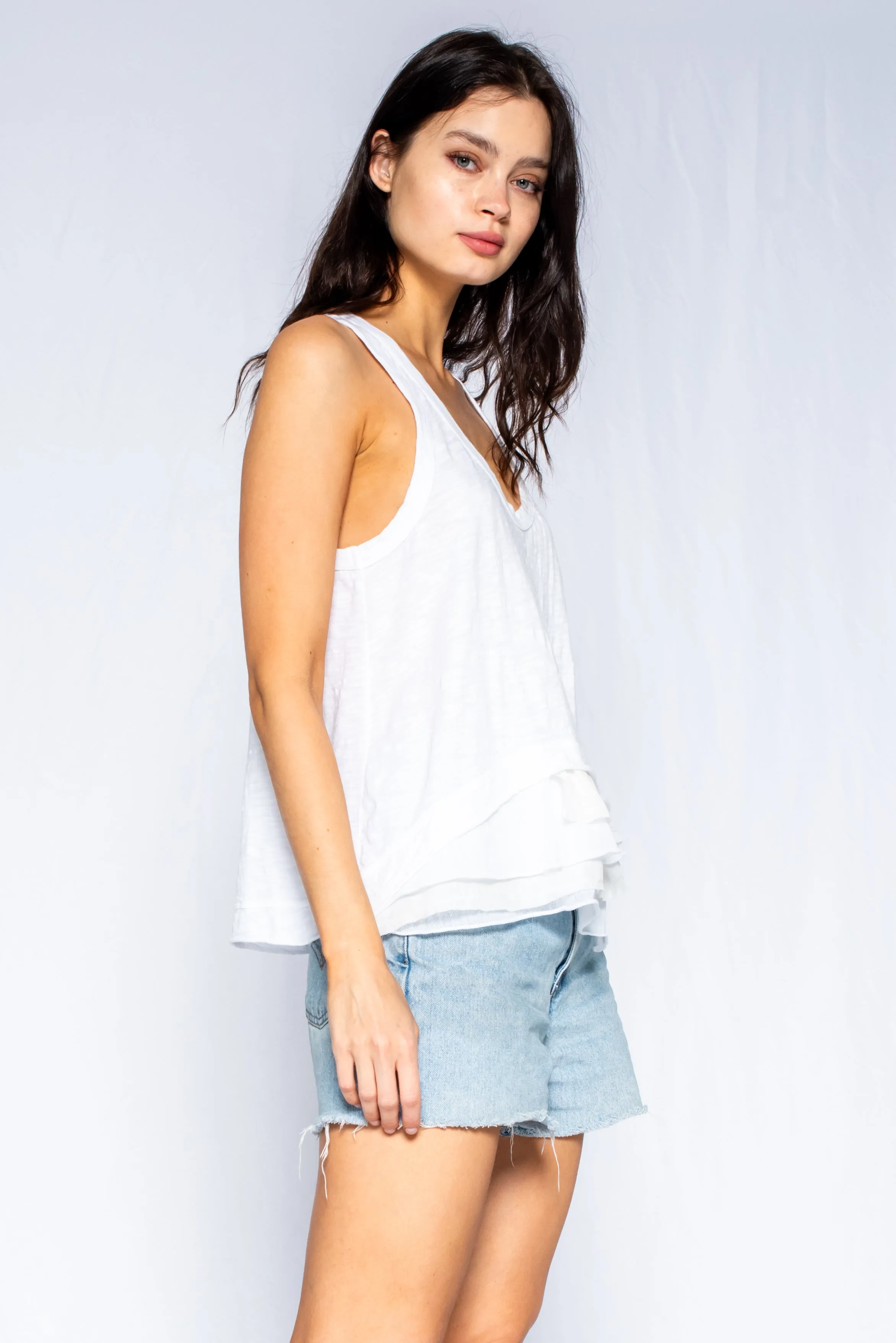 Shrunken Tank Mixed Fabric Hem
