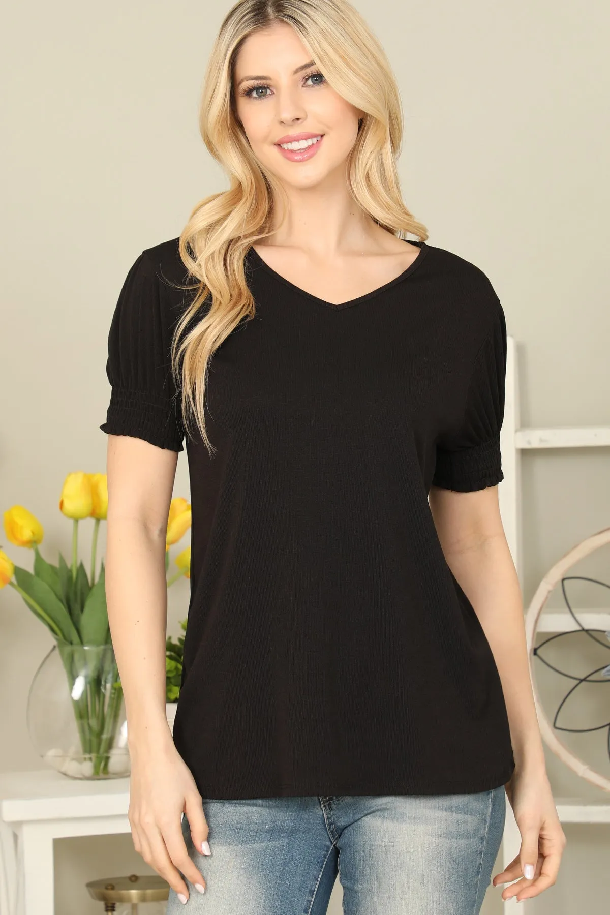 Solid Smocked Cuff Short Sleeve Top