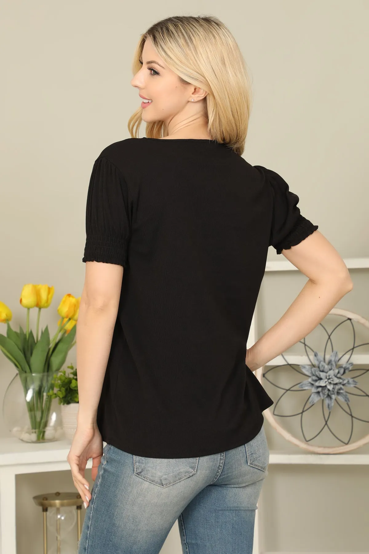 Solid Smocked Cuff Short Sleeve Top
