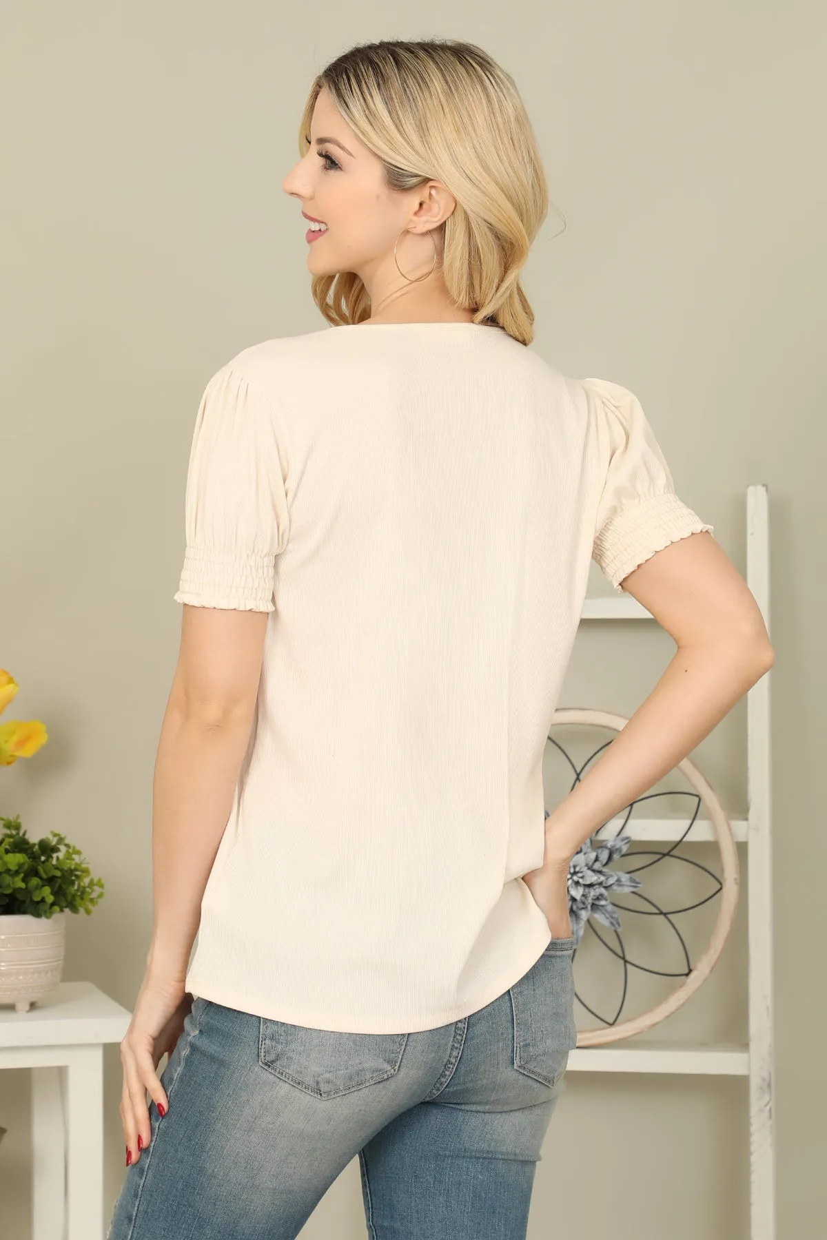 Solid Smocked Cuff Short Sleeve Top