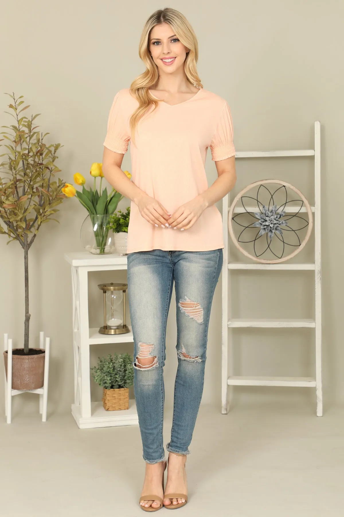 Solid Smocked Cuff Short Sleeve Top