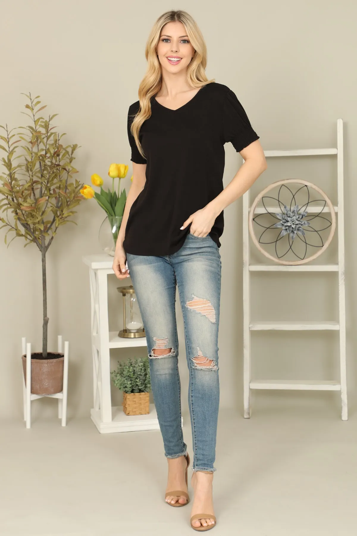 Solid Smocked Cuff Short Sleeve Top