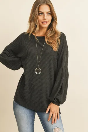 Solid Waffle Puff Sleeved Sweater