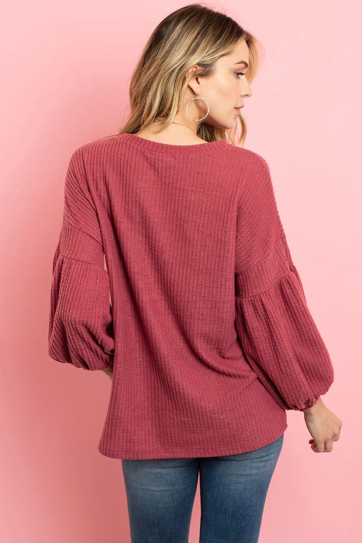 Solid Waffle Puff Sleeved Sweater