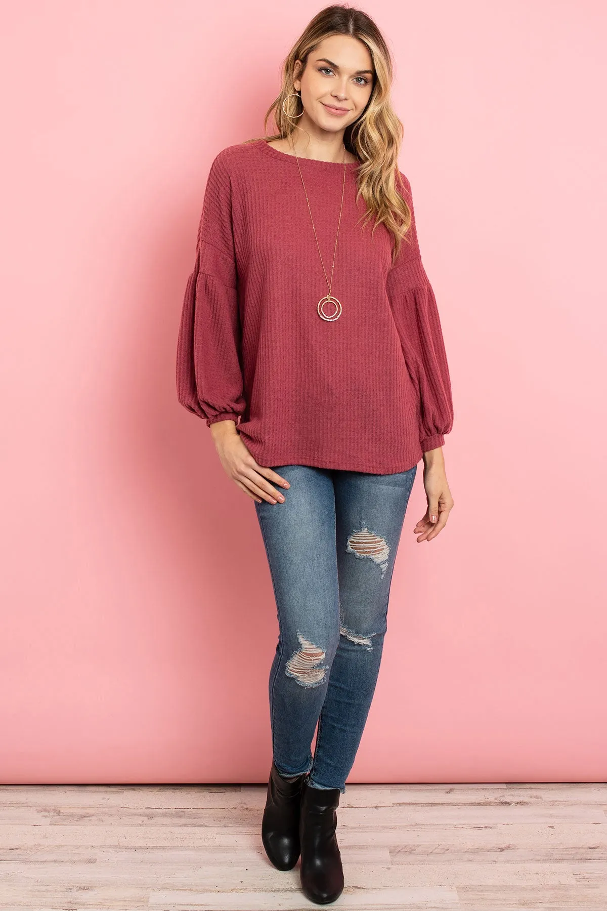 Solid Waffle Puff Sleeved Sweater