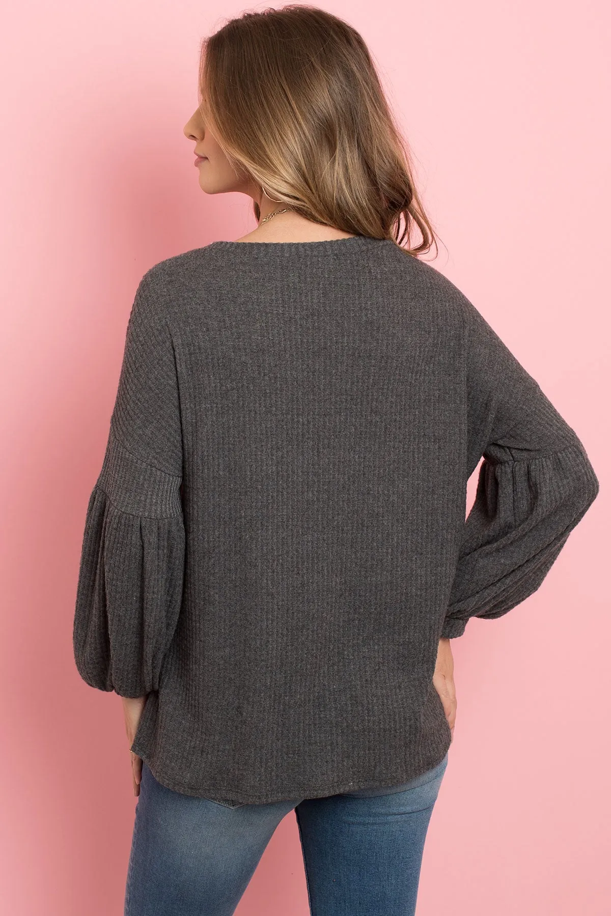 Solid Waffle Puff Sleeved Sweater