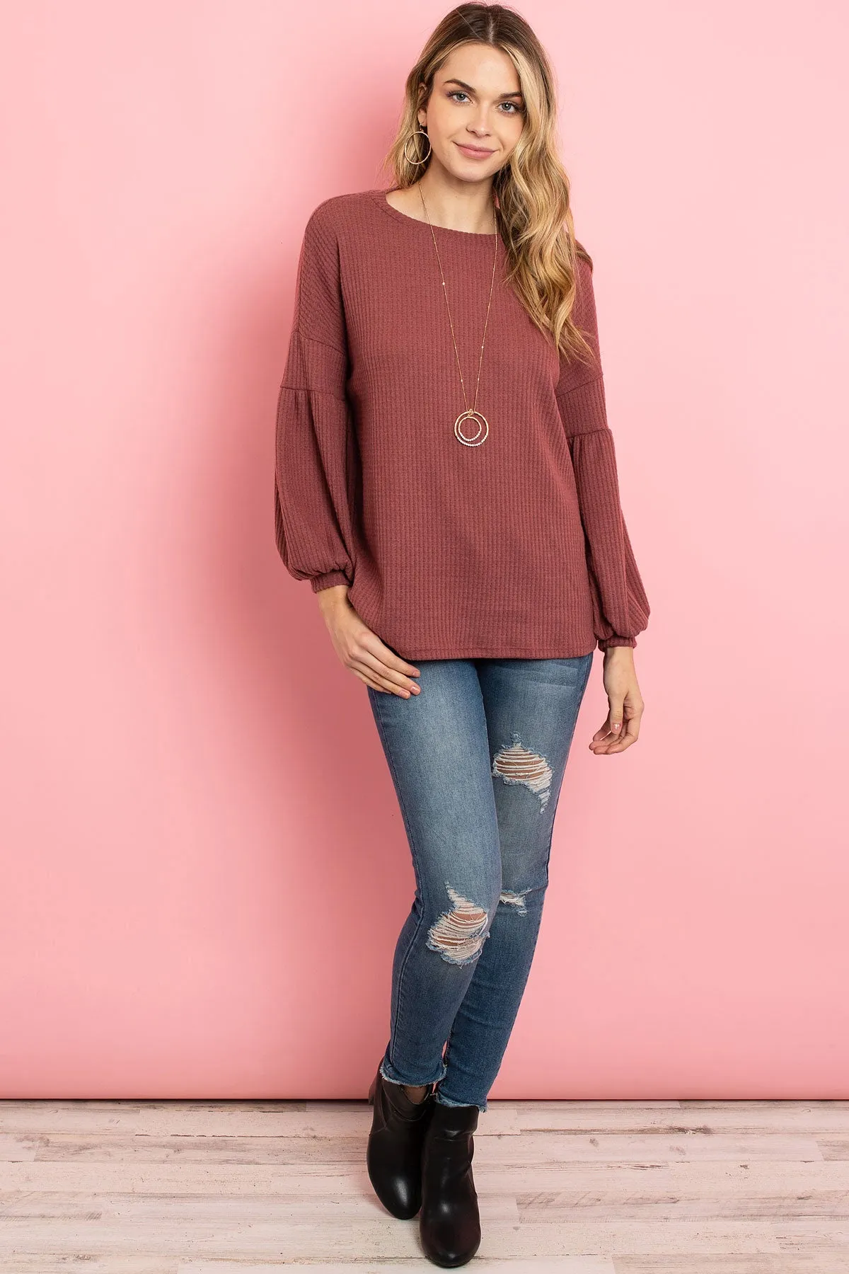 Solid Waffle Puff Sleeved Sweater