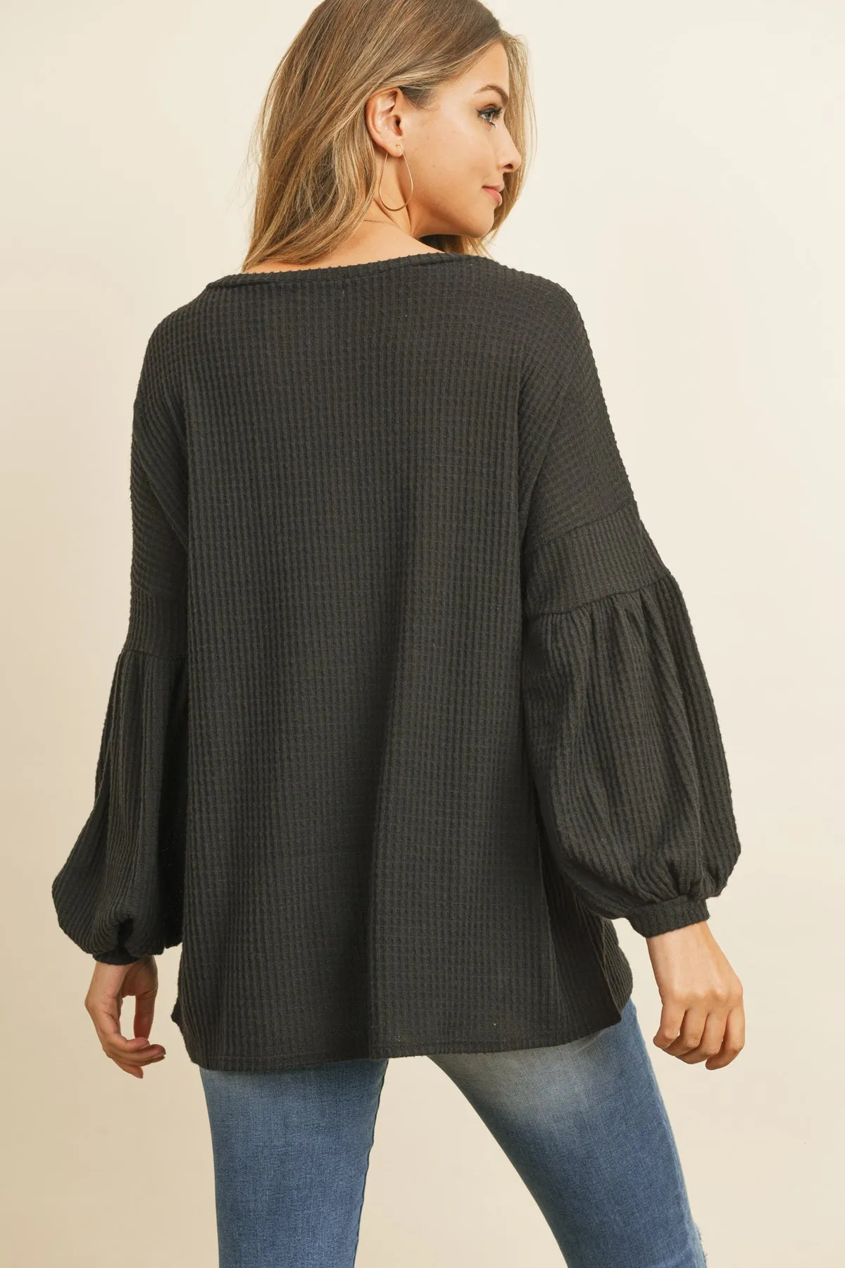 Solid Waffle Puff Sleeved Sweater