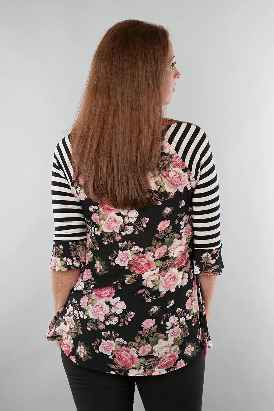 Spring Fever Floral Tunic With Striped Sleeves