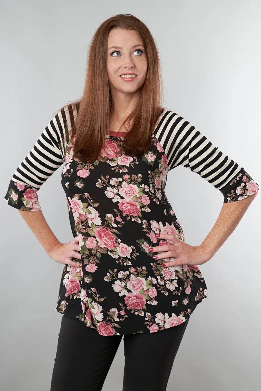Spring Fever Floral Tunic With Striped Sleeves