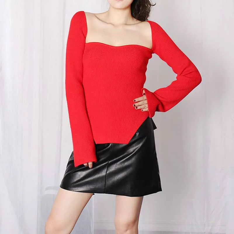 Square Neck Ribbed Knitted Sweater Long Sleeve Slim Fitted Tops