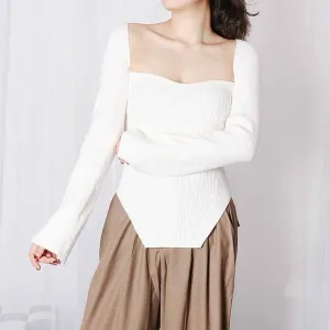 Square Neck Ribbed Knitted Sweater Long Sleeve Slim Fitted Tops