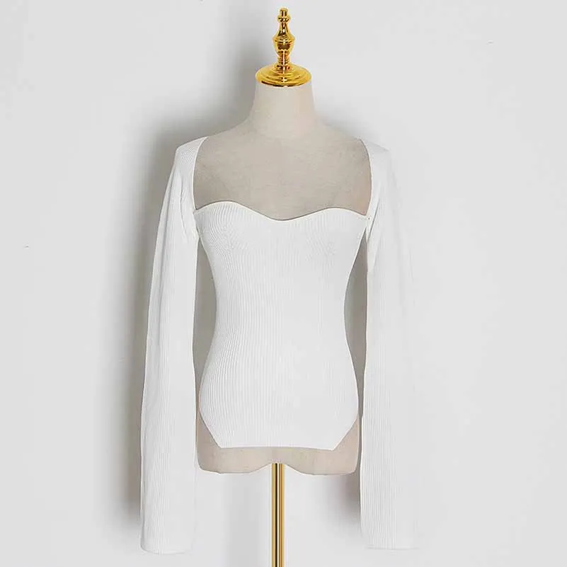 Square Neck Ribbed Knitted Sweater Long Sleeve Slim Fitted Tops