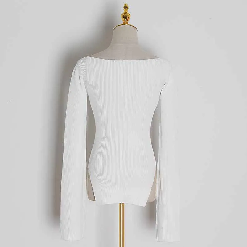 Square Neck Ribbed Knitted Sweater Long Sleeve Slim Fitted Tops