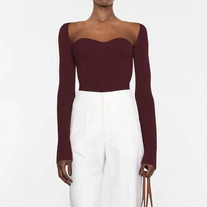 Square Neck Ribbed Knitted Sweater Long Sleeve Slim Fitted Tops