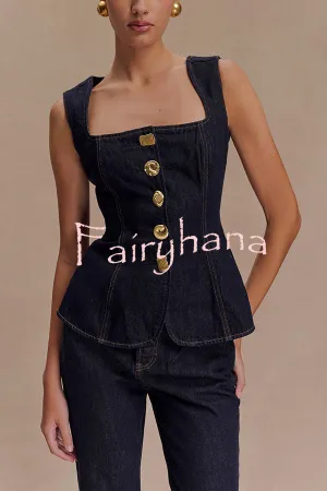 Stassi Denim Square Neck Unique Button Up Princess Seams Vest Top