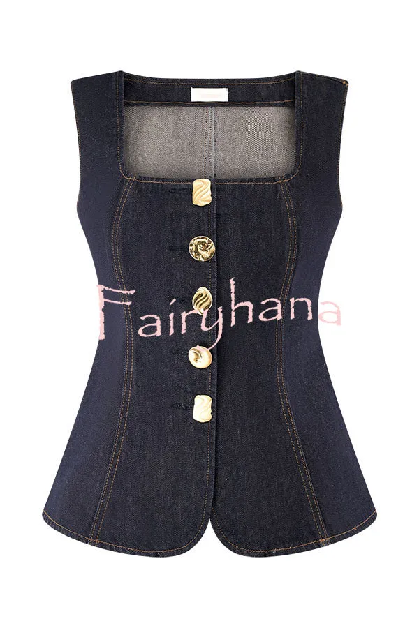 Stassi Denim Square Neck Unique Button Up Princess Seams Vest Top