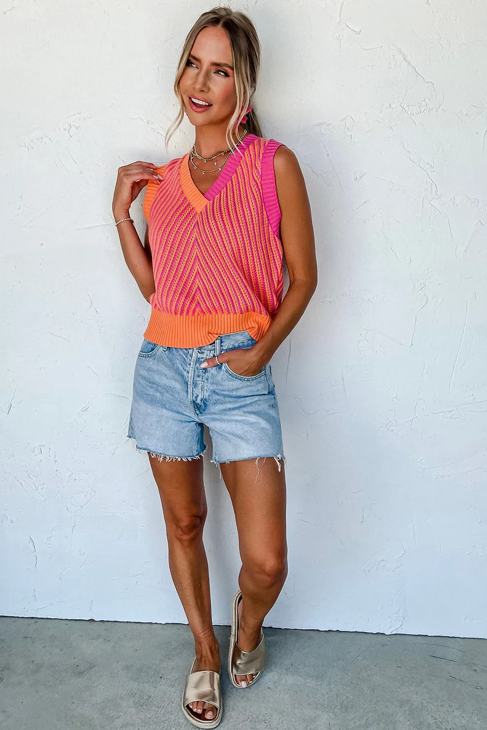 Strawberry Pink Contrast Chevron Knit V Neck Sweater Vest