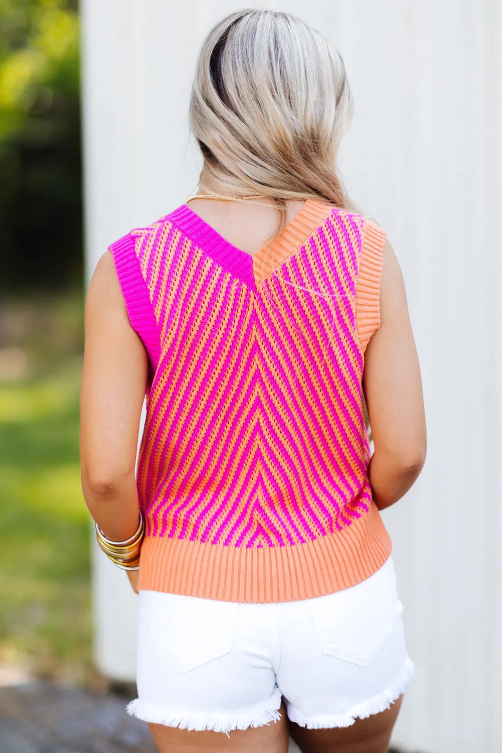 Strawberry Pink Contrast Chevron Knit V Neck Sweater Vest
