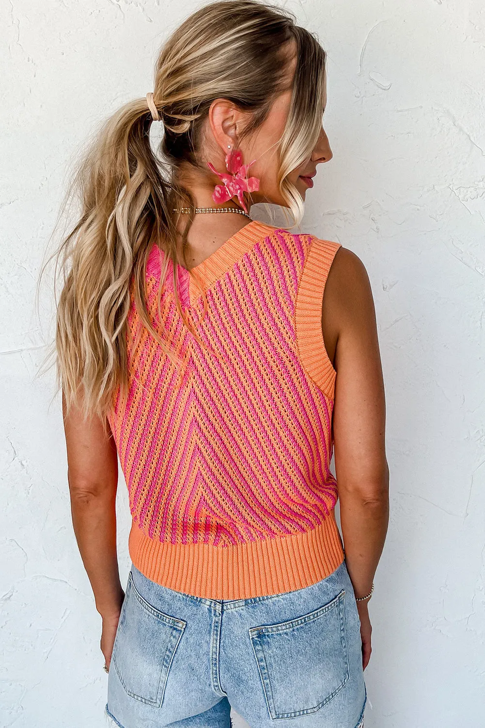 Strawberry Pink Contrast Chevron Knit V Neck Sweater Vest