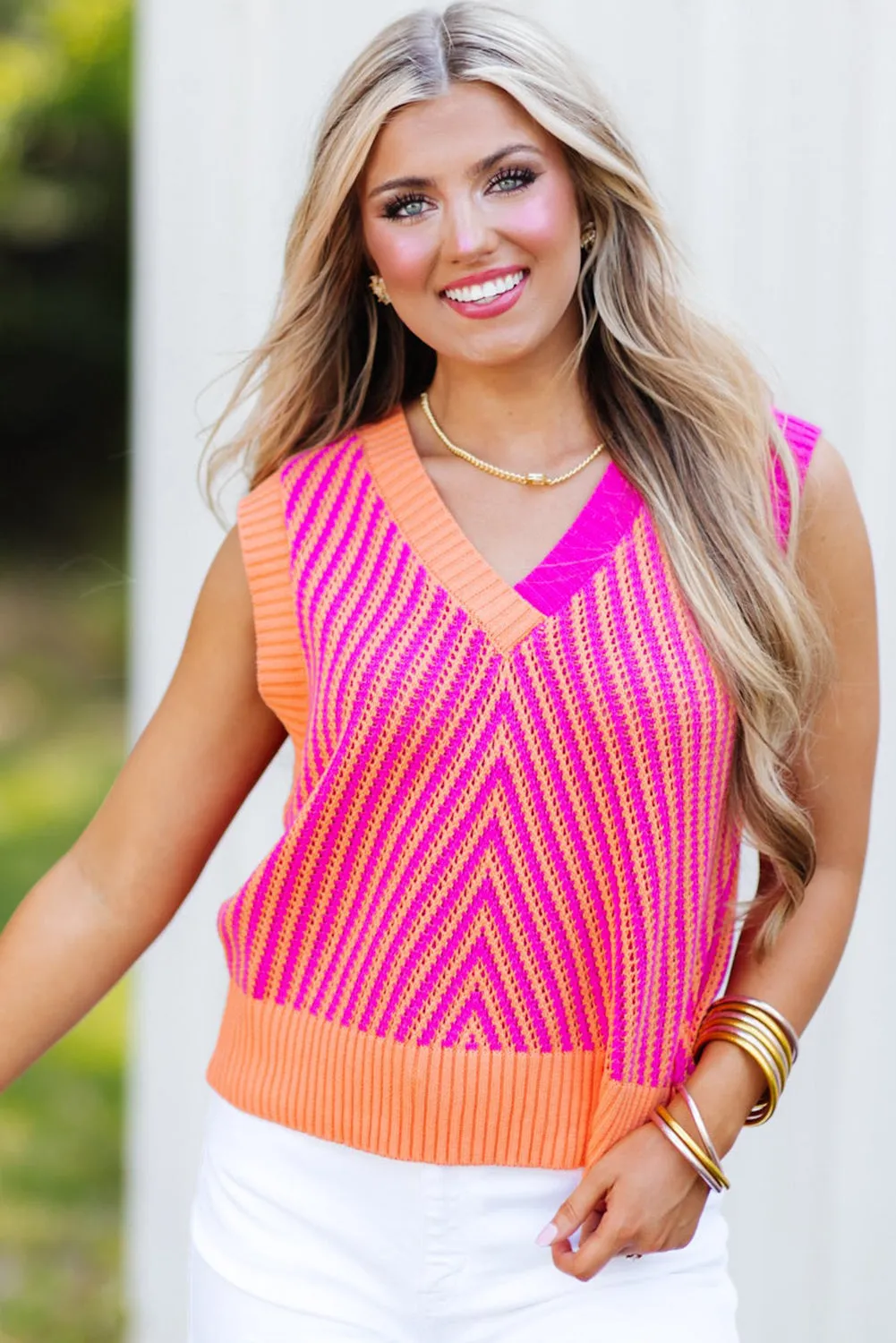 Strawberry Pink Contrast Chevron Knit V Neck Sweater Vest