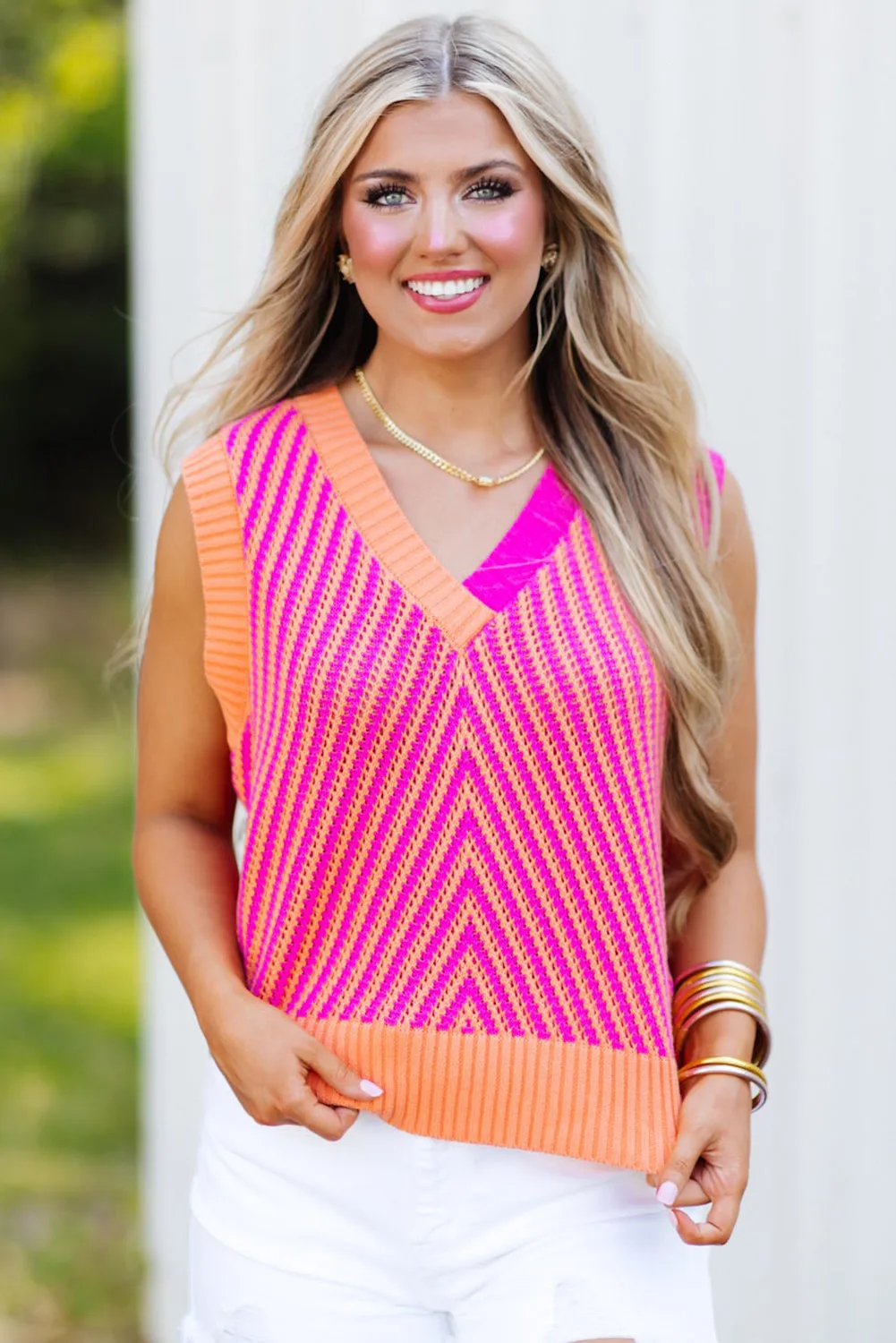 Strawberry Pink Contrast Chevron Knit V Neck Sweater Vest