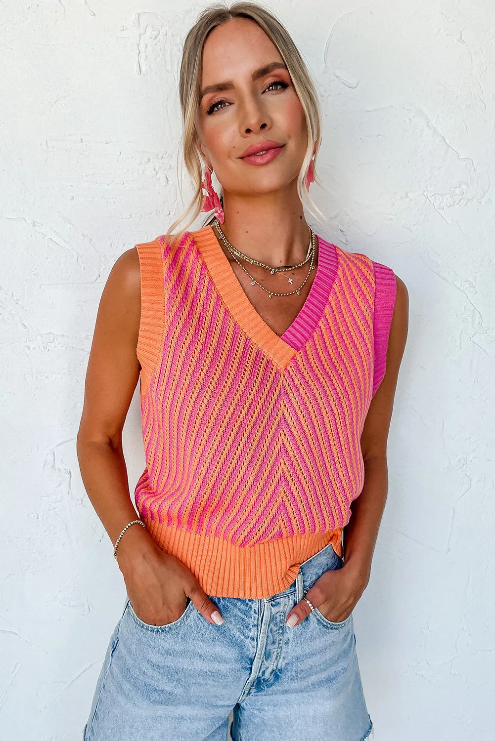 Strawberry Pink Contrast Chevron Knit V Neck Sweater Vest