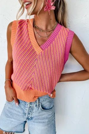 Strawberry Pink Contrast Chevron Knit V Neck Sweater Vest