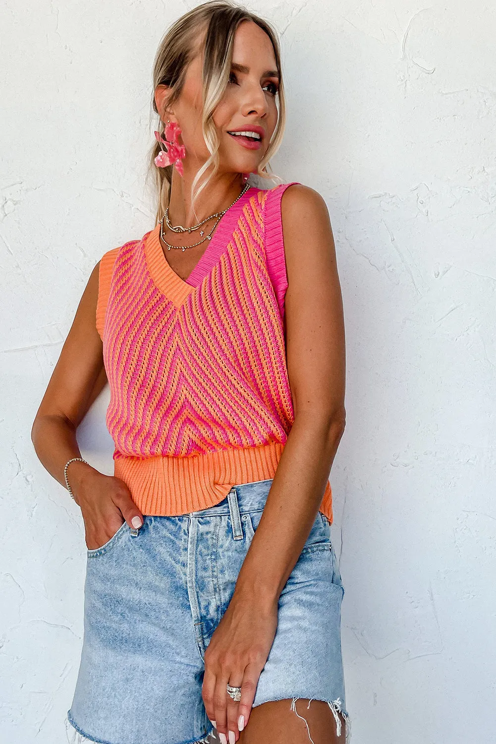 Strawberry Pink Contrast Chevron Knit V Neck Sweater Vest