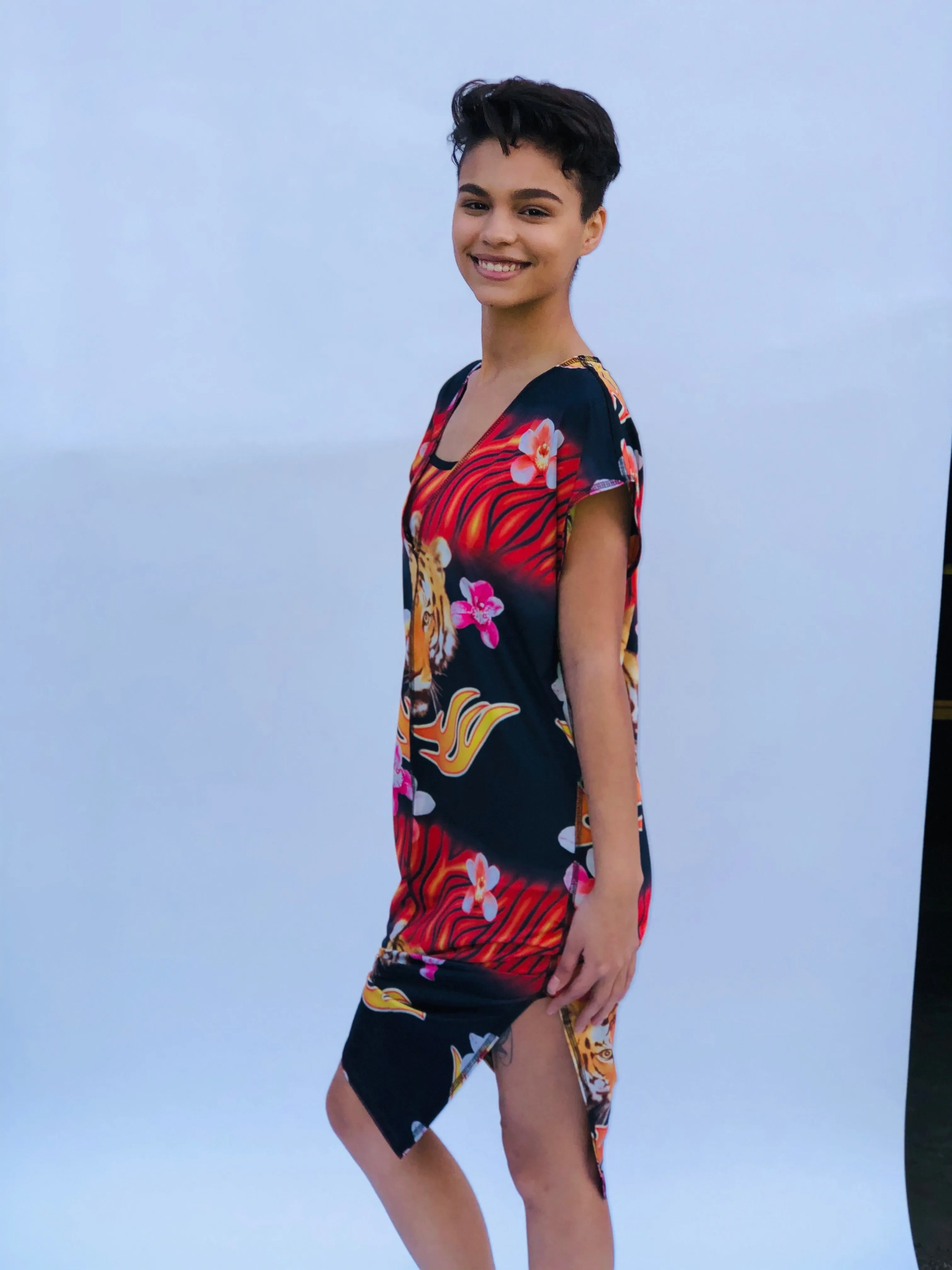 SWING DRESS RED TIGER/HAWAIIAN FLORAL