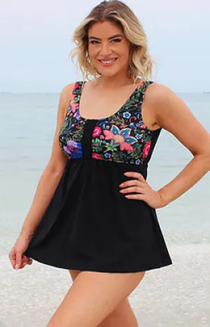 Swing Tankini Top Chlorine Resistant Swimwear - Black with Print