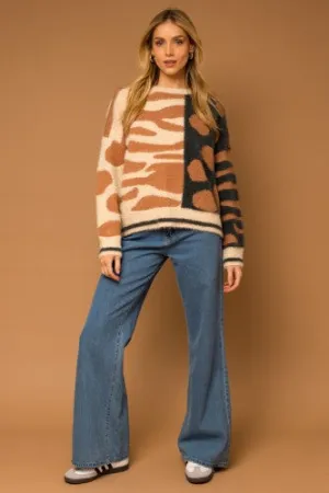 Taupe   Charcoal LS Mix Animal Print Sweater